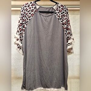 Leopard Print White Tassel Sleeves and Hem Gray Pullover Tee Shirt Tunic Top